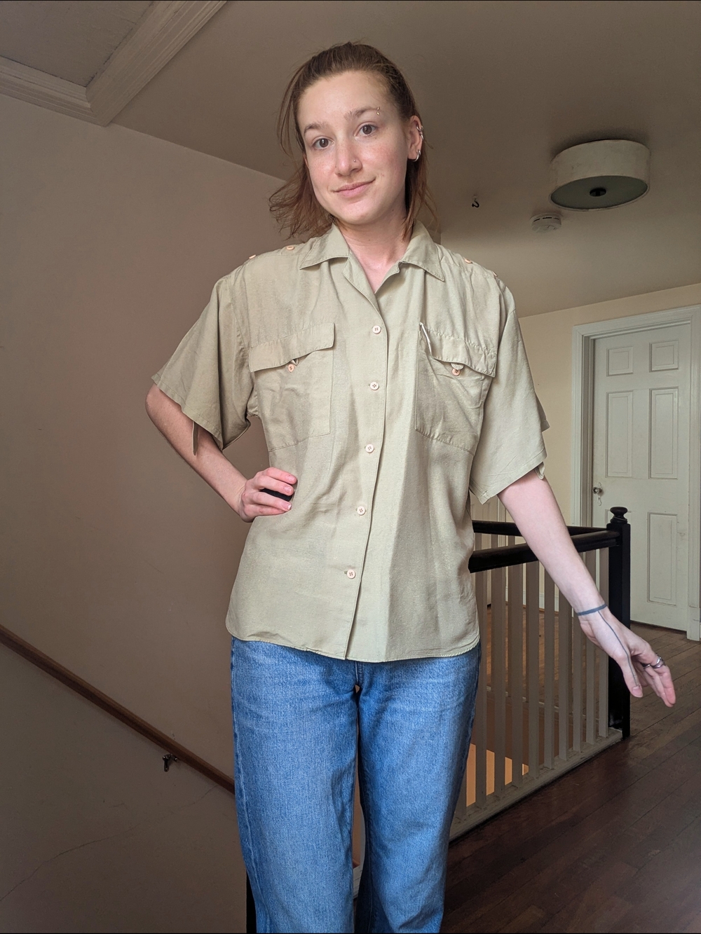 1970s Sage Green Silk Short Sleeve Button Up with Adjustable Sleeves